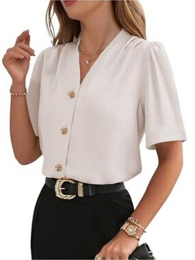 Women's Short Sleeve Button Down Blouse - Lightweight V-Neck Casual Work Top